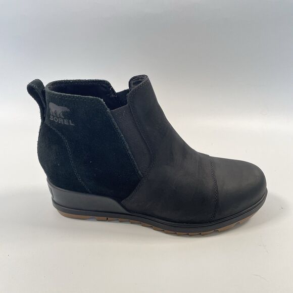 Sorel Evie Wedge Chelsea Boots Womens Ankle Booties Black Leather Size 9 - Picture 1 of 13